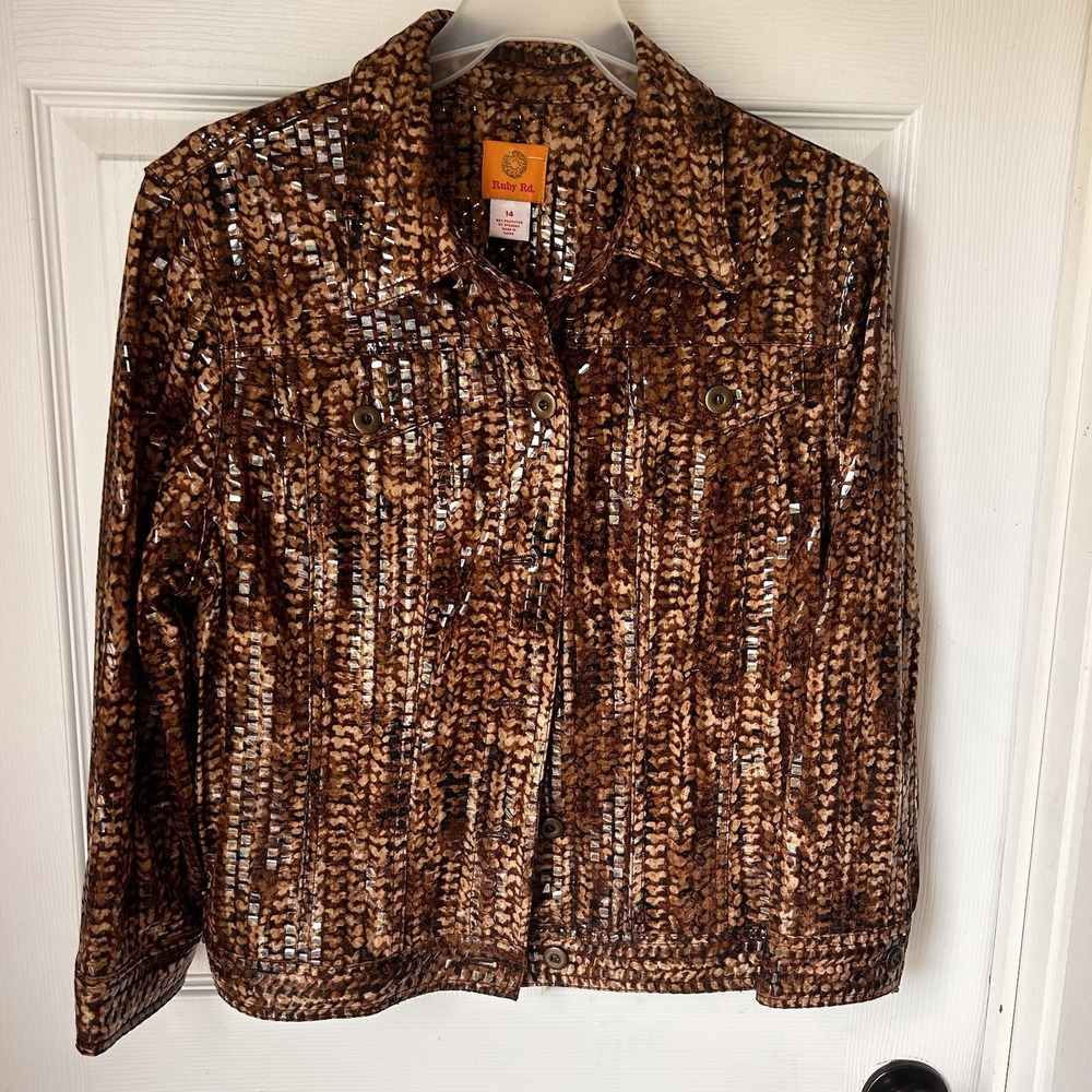 Ruby Rd Short Jacket Womens 14‎ Faux Leather Snakeskin Animal Print Brown BxG